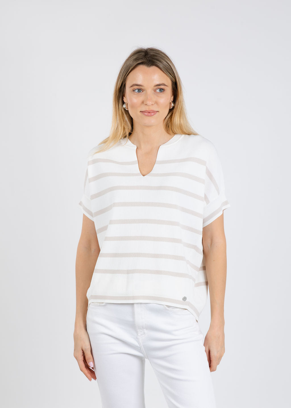 Joseph Ribkoff Stripe Short Sleeve Sweater in Vanilla/Monstone available at Barbara Katz