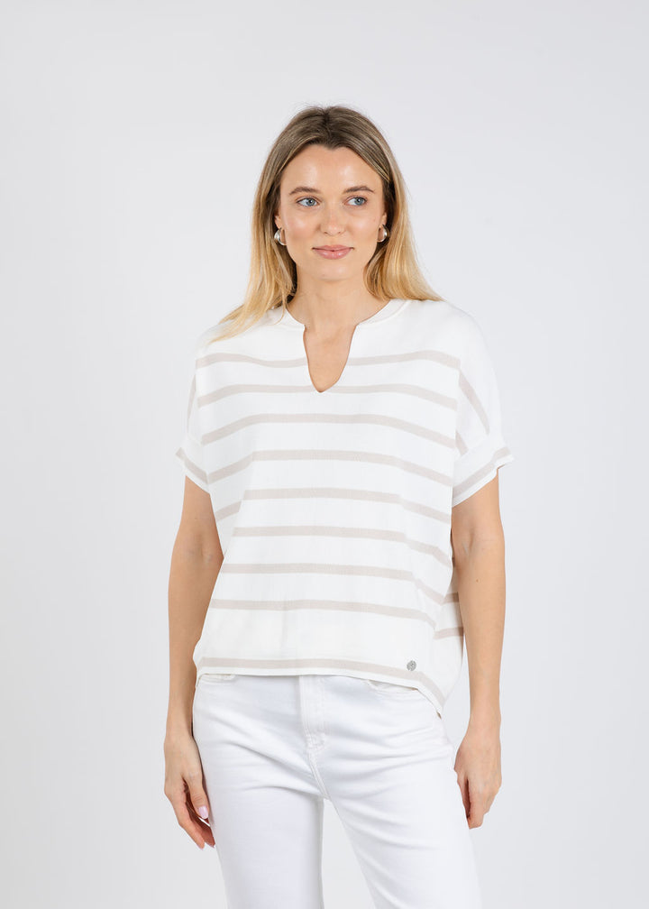 Joseph Ribkoff Stripe Short Sleeve Sweater in Vanilla/Monstone available at Barbara Katz