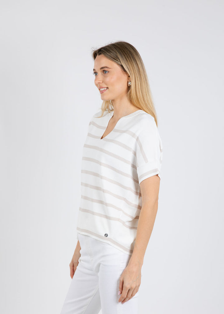 Joseph Ribkoff Stripe Short Sleeve Sweater in Vanilla/Monstone available at Barbara Katz