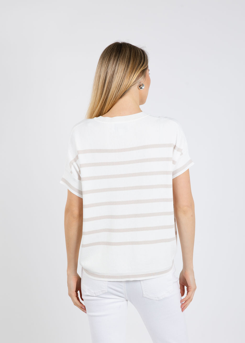 Joseph Ribkoff Stripe Short Sleeve Sweater in Vanilla/Monstone available at Barbara Katz