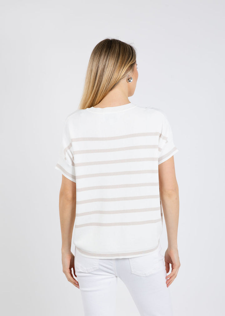 Joseph Ribkoff Stripe Short Sleeve Sweater in Vanilla/Monstone available at Barbara Katz