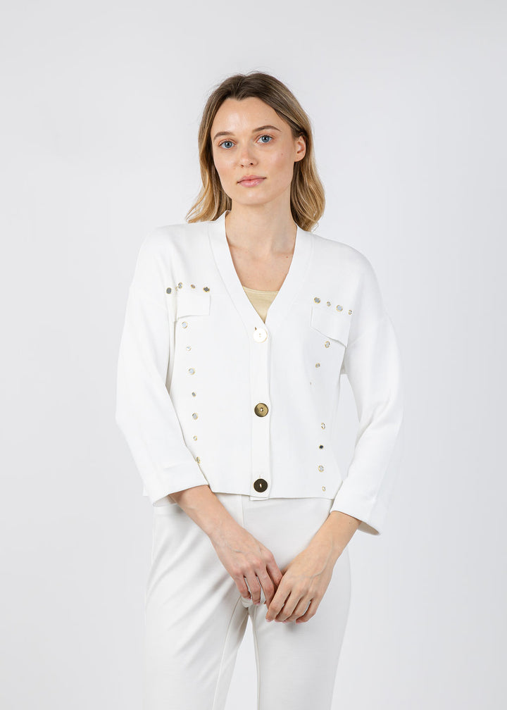 Joseph Ribkoff Viscose Blend Gold Button Cardigan in Vanilla available at Barbara Katz