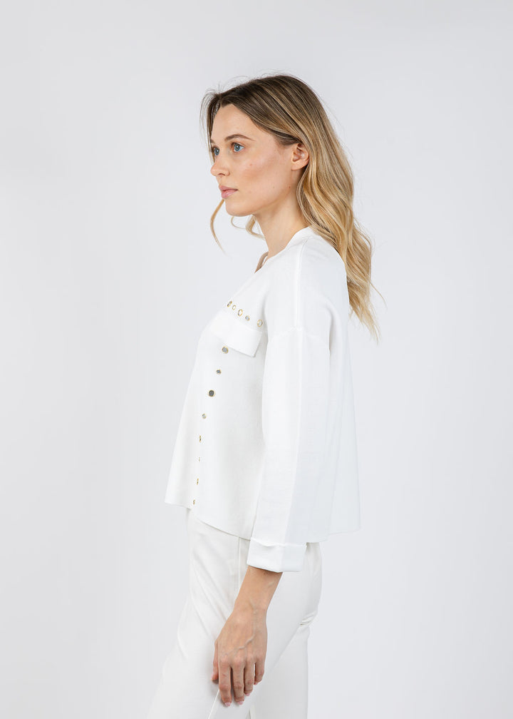 Joseph Ribkoff Viscose Blend Gold Button Cardigan in Vanilla available at Barbara Katz