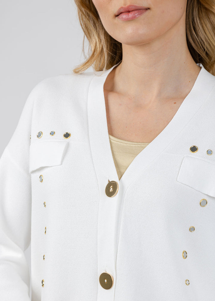 Joseph Ribkoff Viscose Blend Gold Button Cardigan in Vanilla available at Barbara Katz