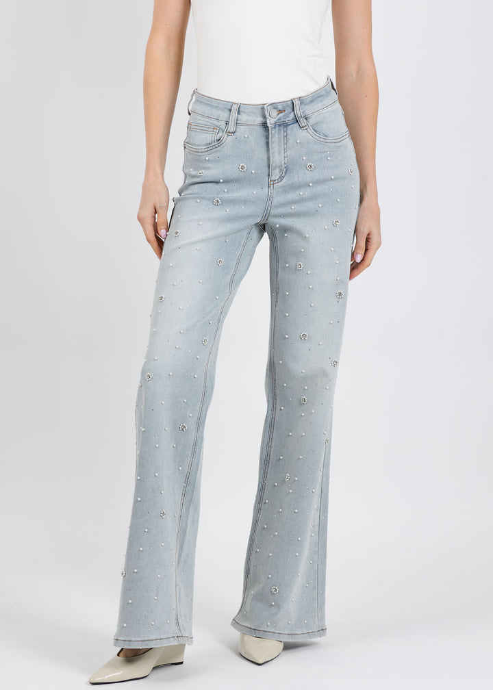 Joseph Ribkoff Wide Leg Jeans With Pearl and Rhinestones in Light Blue Denim available at Barbara Katz