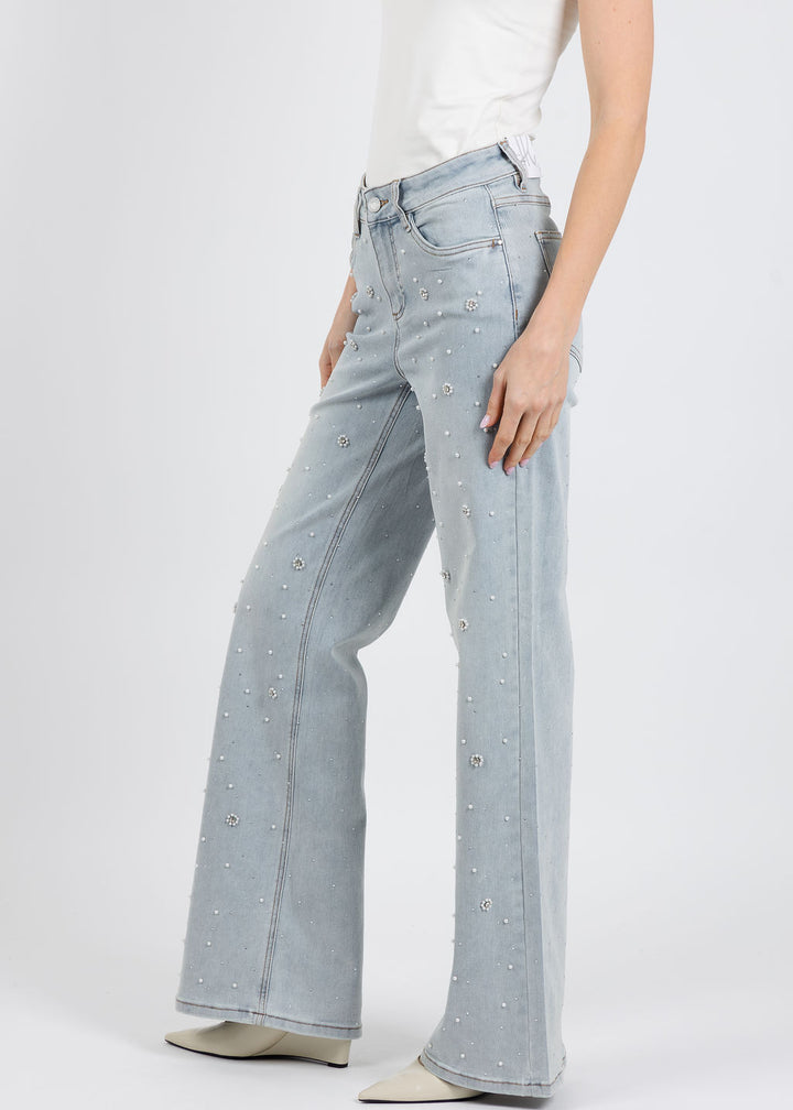 Joseph Ribkoff Wide Leg Jeans With Pearl and Rhinestones in Light Blue Denim available at Barbara Katz