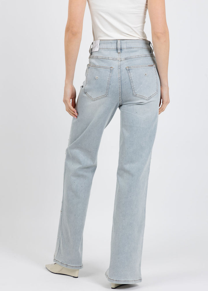 Joseph Ribkoff Wide Leg Jeans With Pearl and Rhinestones in Light Blue Denim available at Barbara Katz