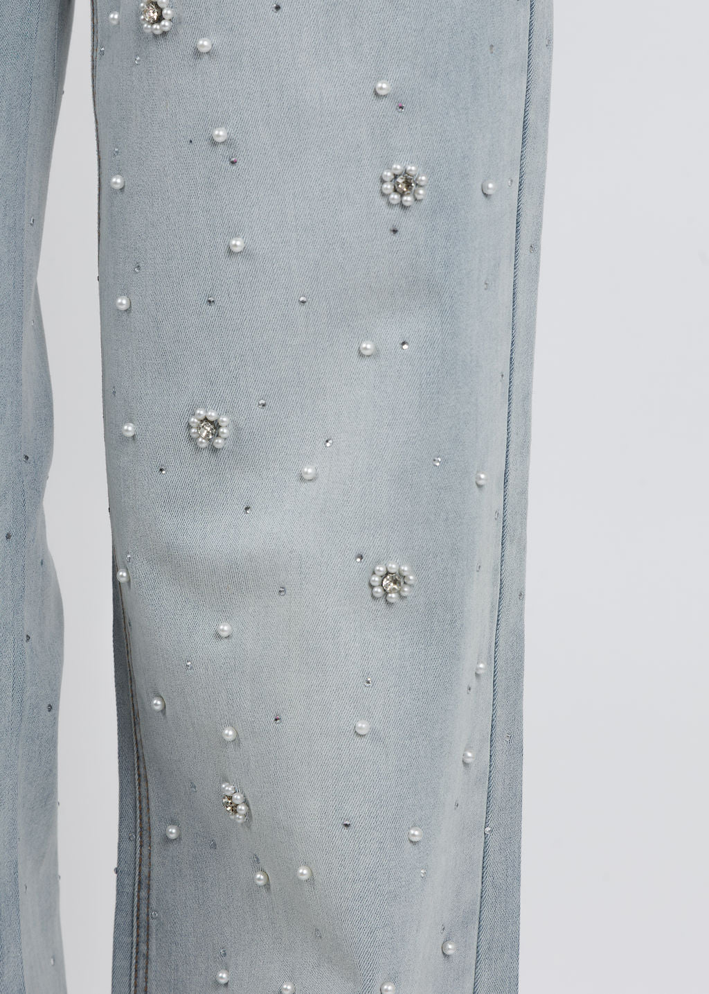 Joseph Ribkoff Wide Leg Jeans With Pearl and Rhinestones in Light Blue Denim available at Barbara Katz