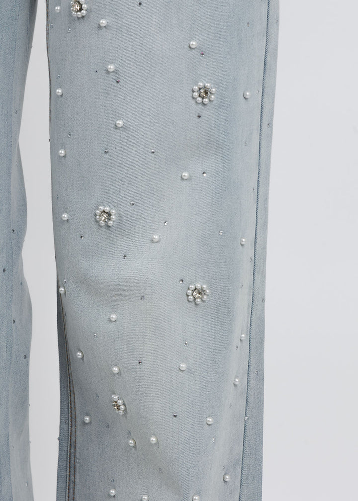 Joseph Ribkoff Wide Leg Jeans With Pearl and Rhinestones in Light Blue Denim available at Barbara Katz