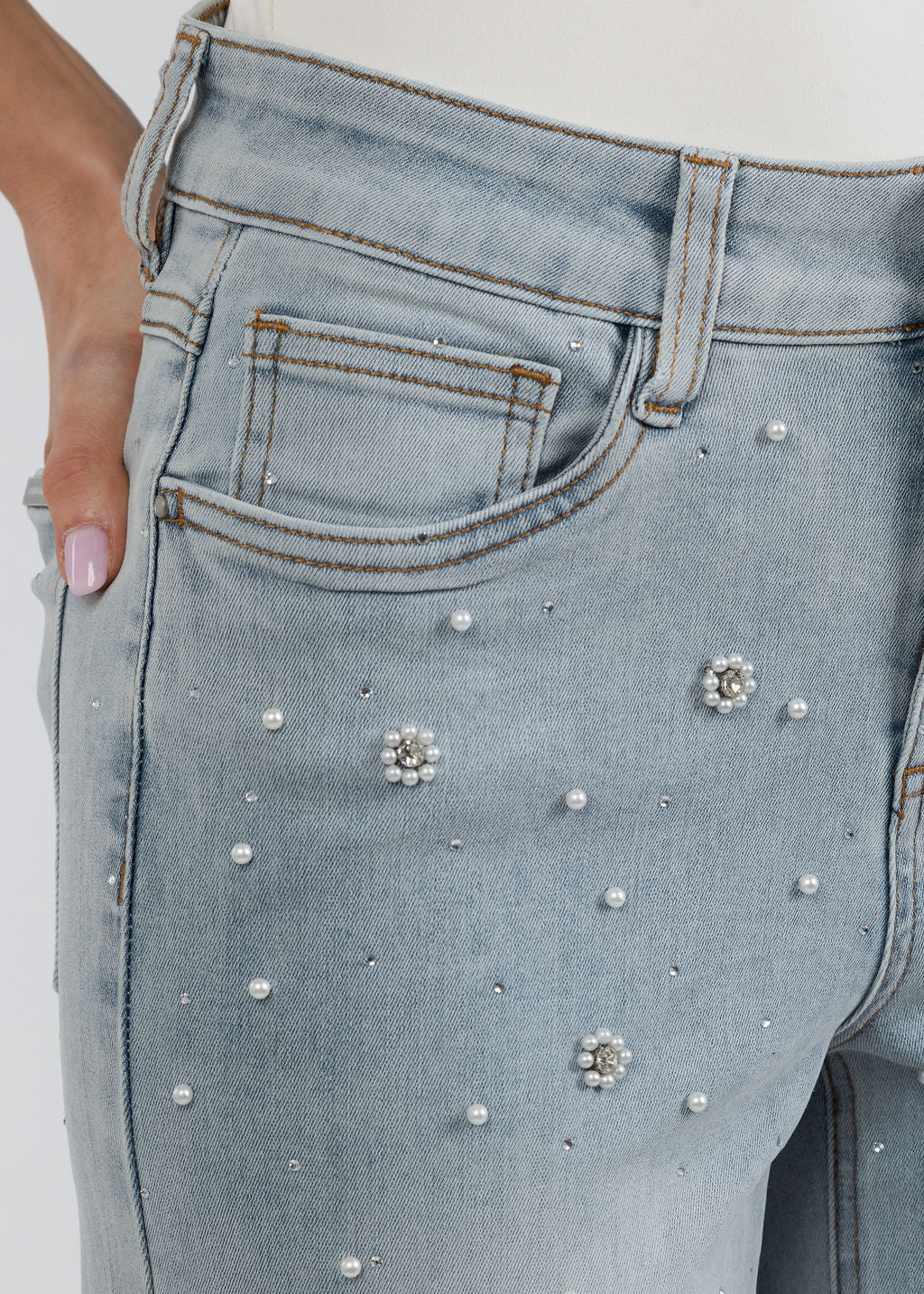 Wide Leg Jeans With Pearl and Rhinestones - Light Blue Denim