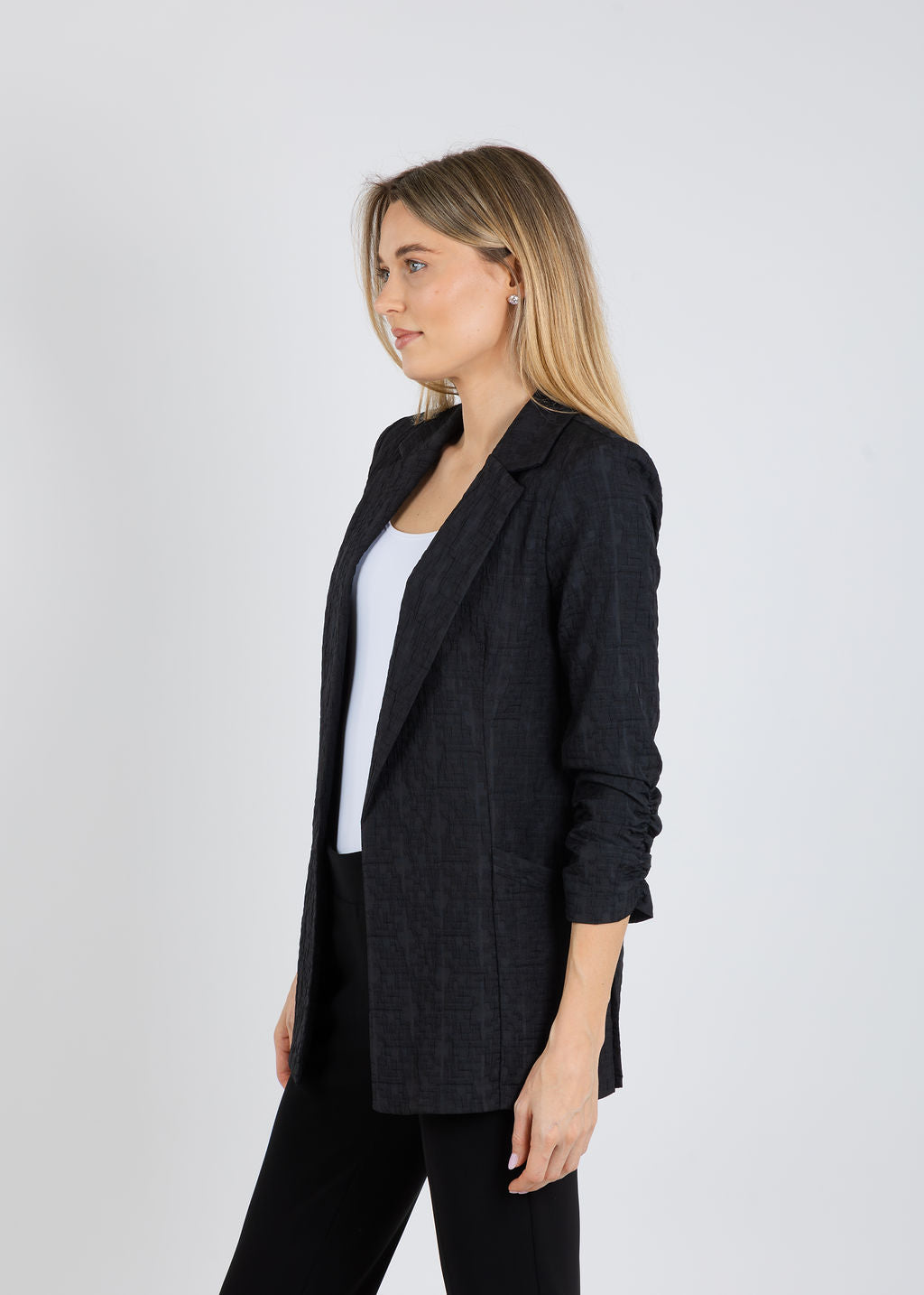 Joseph Ribkoff Woven Jacquard Texture Boxy Blazer in Black available at Barbara Katz
