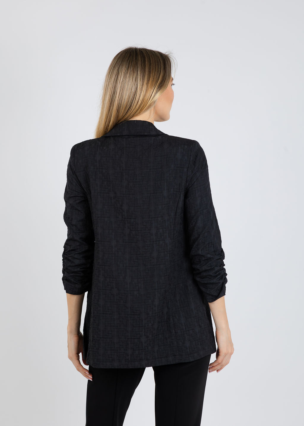 Joseph Ribkoff Woven Jacquard Texture Boxy Blazer in Black available at Barbara Katz