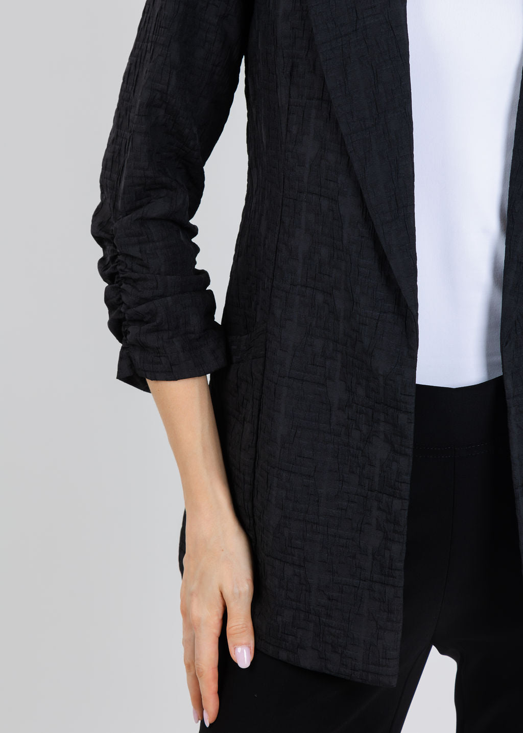 Joseph Ribkoff Woven Jacquard Texture Boxy Blazer in Black available at Barbara Katz