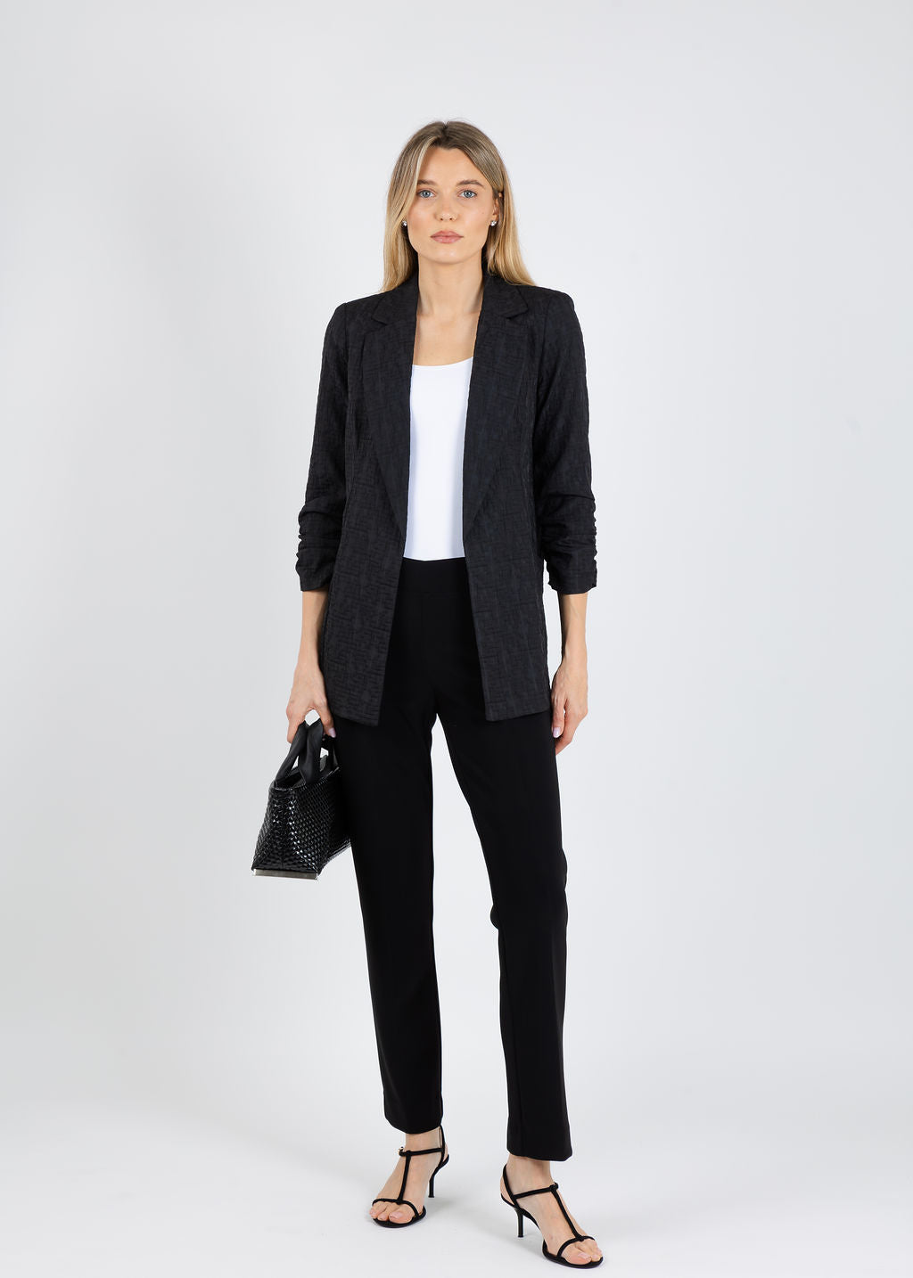 Joseph Ribkoff Woven Jacquard Texture Boxy Blazer in Black available at Barbara Katz