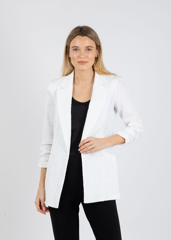 Joseph Ribkoff Woven Jacquard Texture Boxy Blazer in White available at Barbara Katz