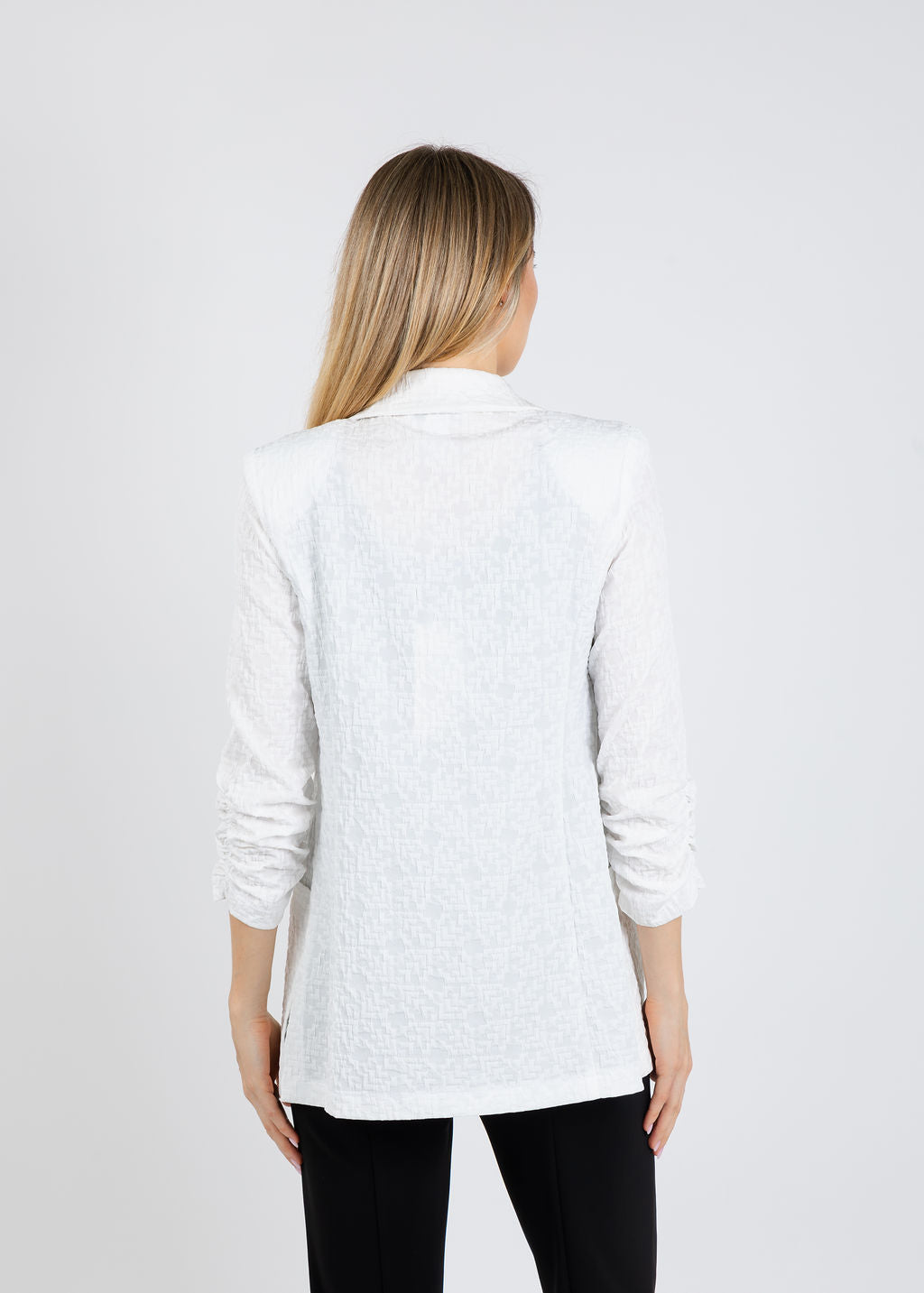 Joseph Ribkoff Woven Jacquard Texture Boxy Blazer in White available at Barbara Katz