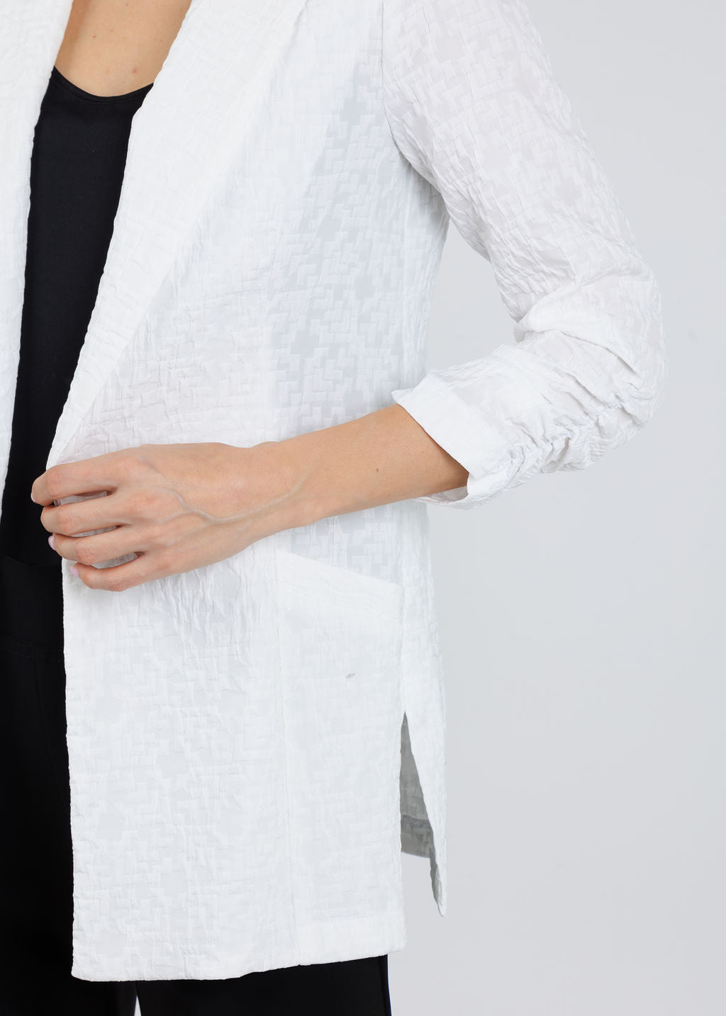 Joseph Ribkoff Woven Jacquard Texture Boxy Blazer in White available at Barbara Katz