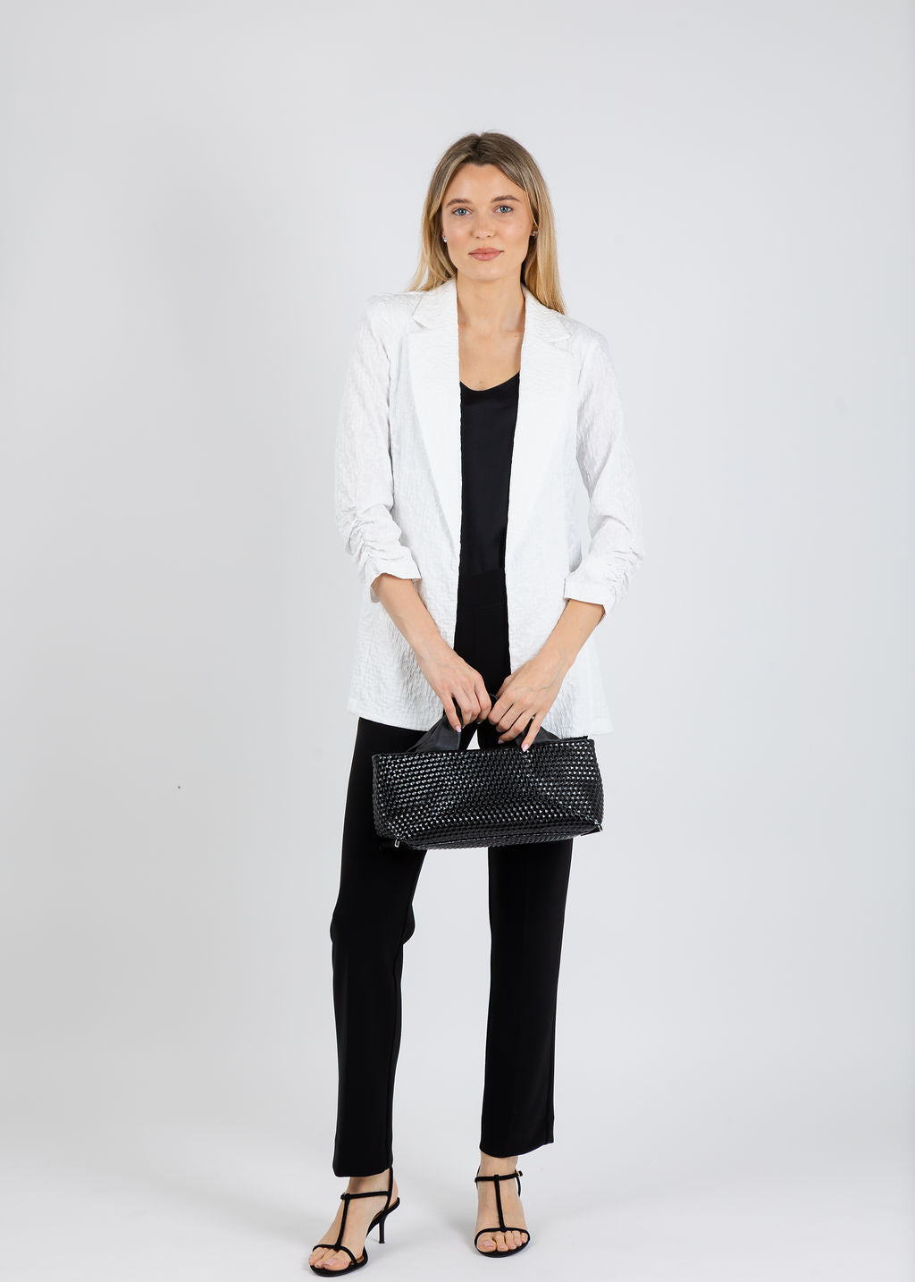 Joseph Ribkoff Woven Jacquard Texture Boxy Blazer in White available at Barbara Katz