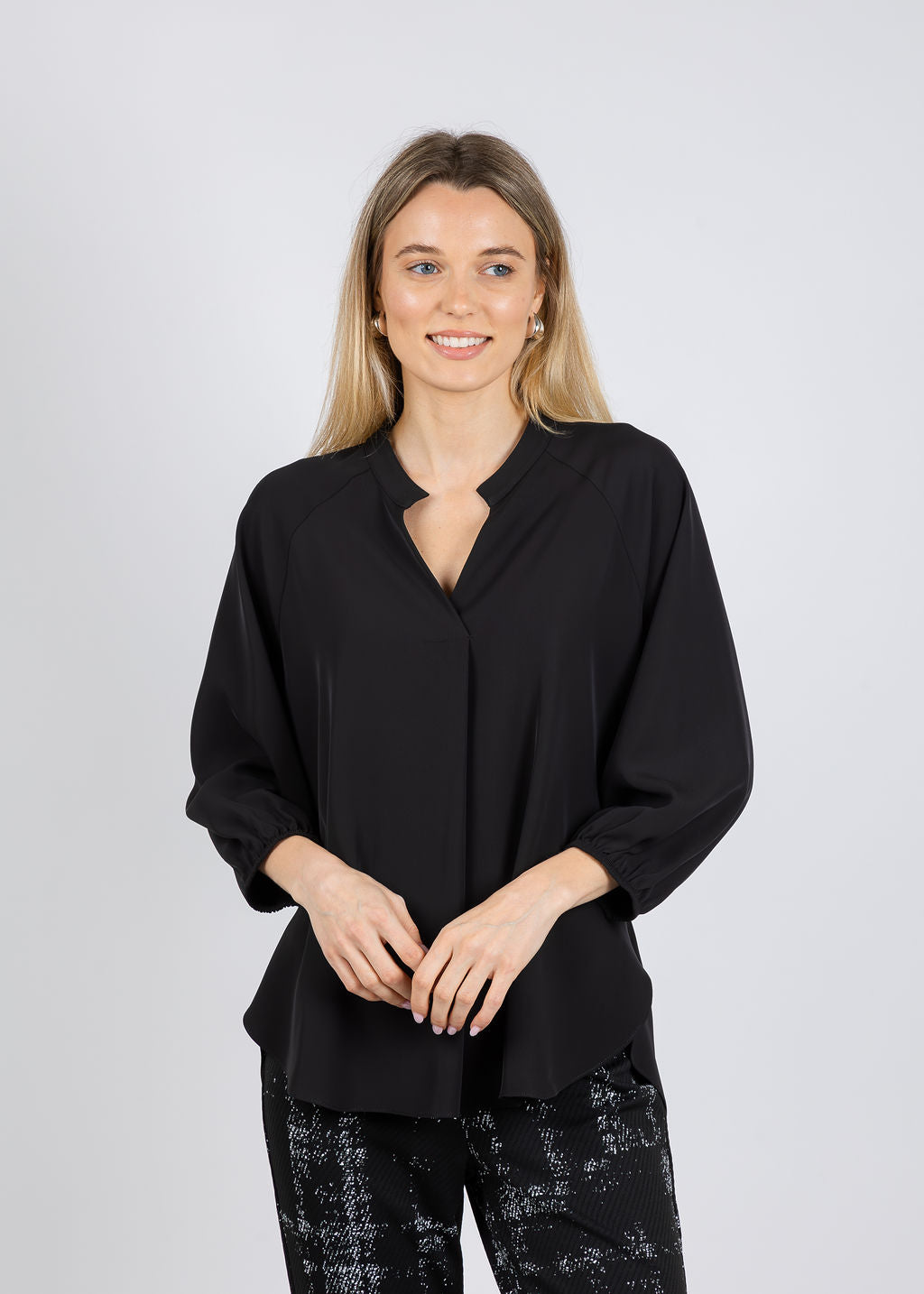 Joseph Ribkoff Woven Twill Boxy Top With Mandarin Collar in Black available at Barbara Katz