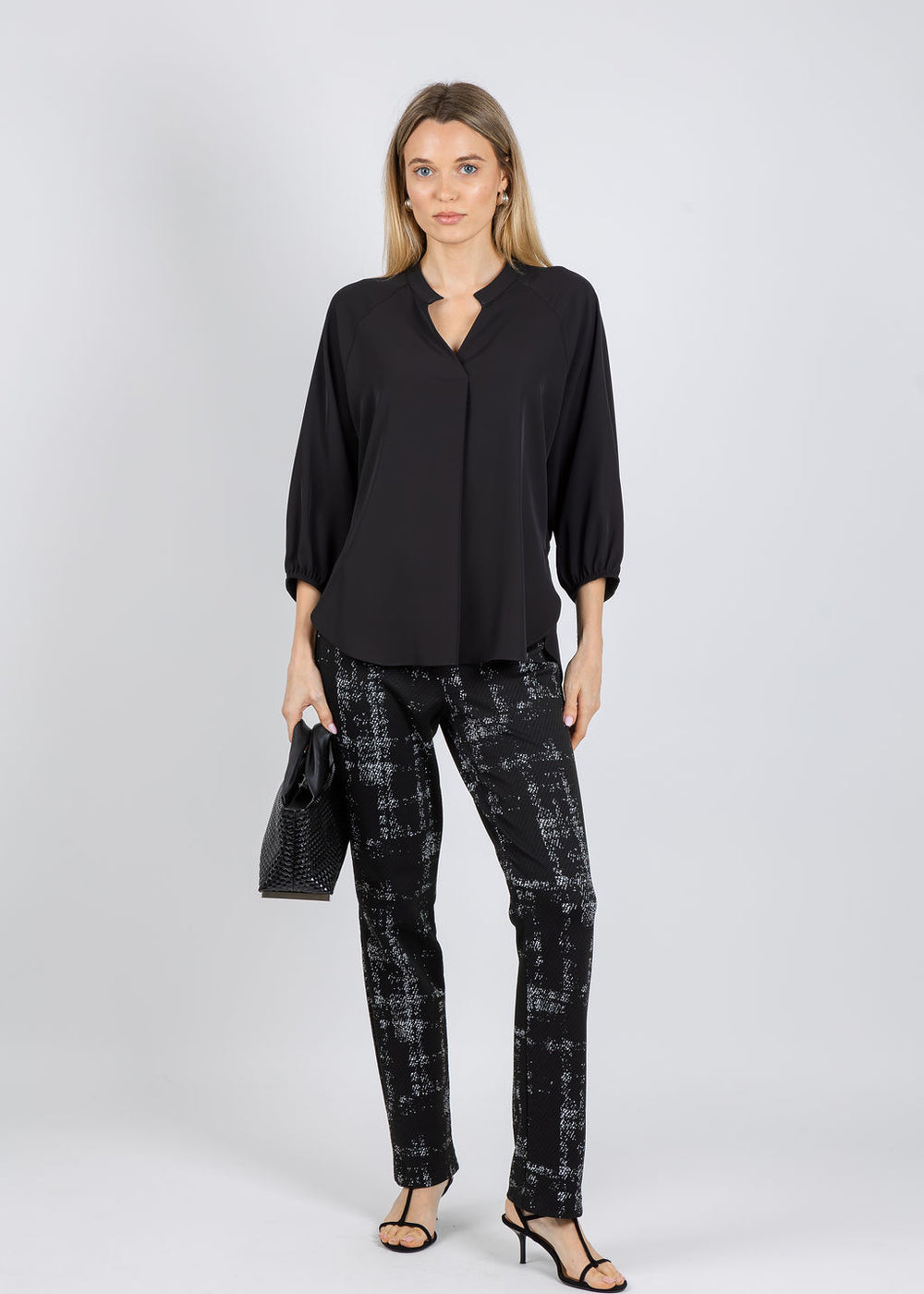 Joseph Ribkoff Woven Twill Boxy Top With Mandarin Collar in Black available at Barbara Katz
