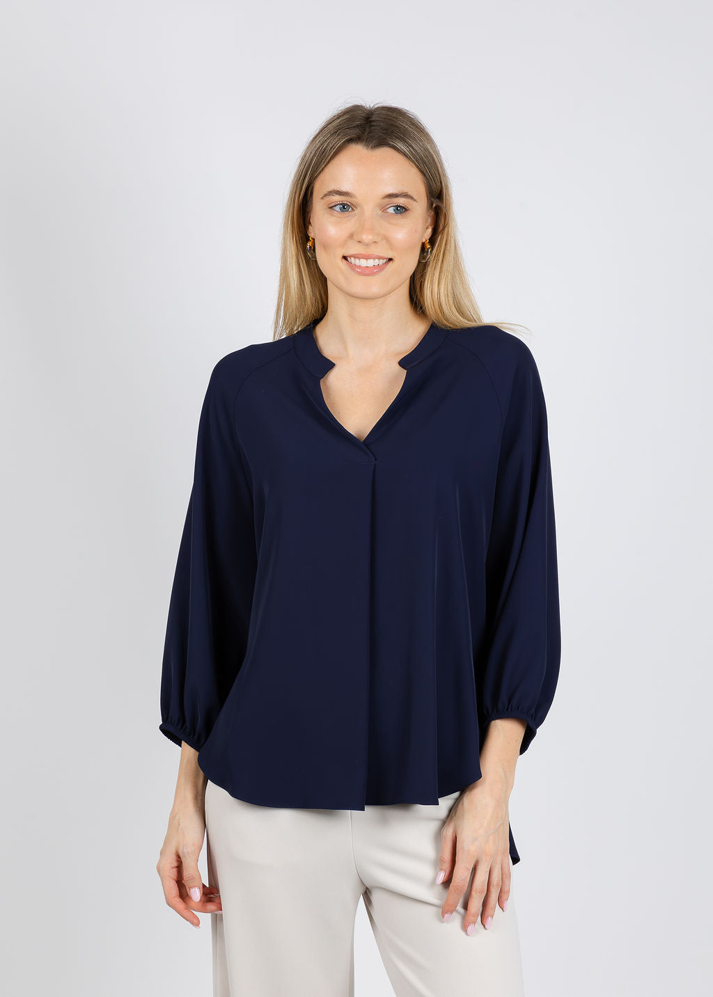 Joseph Ribkoff Woven Twill Boxy Top With Mandarin Collar in Midnight Blue available at Barbara Katz