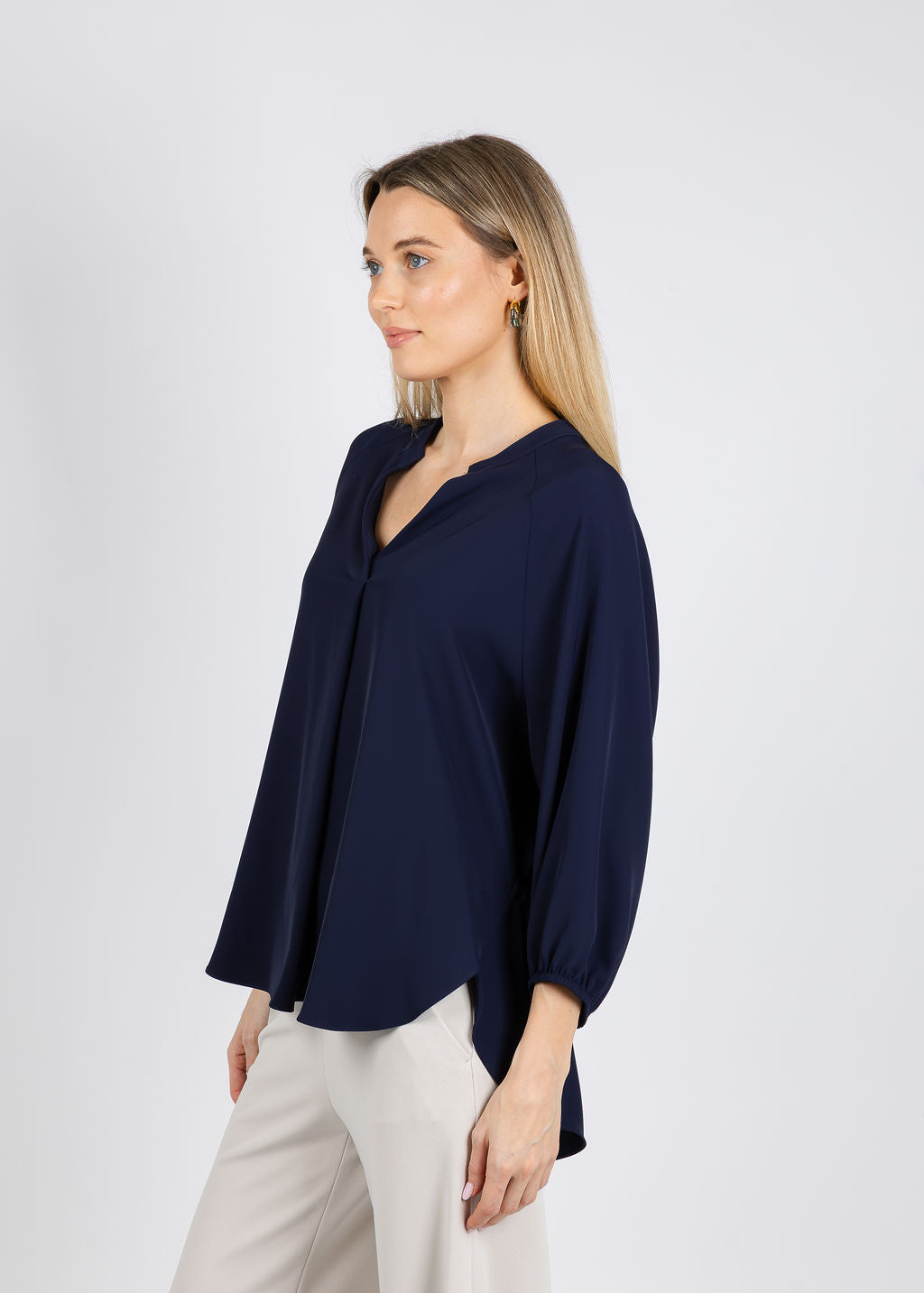 Joseph Ribkoff Woven Twill Boxy Top With Mandarin Collar in Midnight Blue available at Barbara Katz