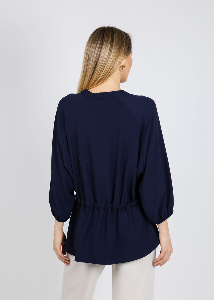 Joseph Ribkoff Woven Twill Boxy Top With Mandarin Collar in Midnight Blue available at Barbara Katz