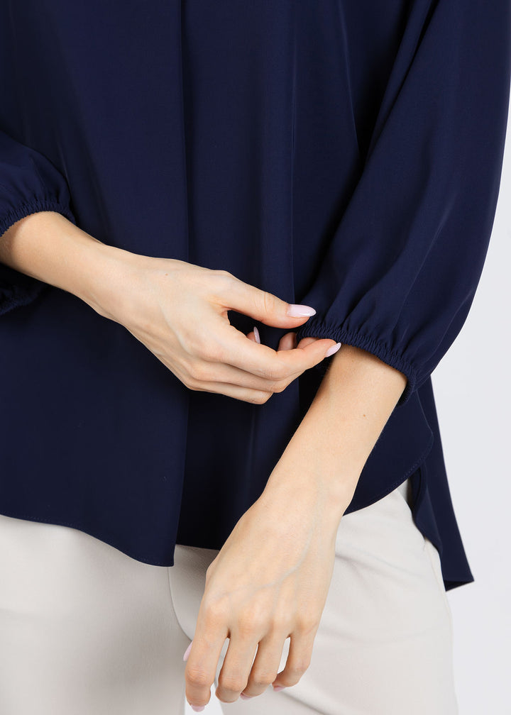 Joseph Ribkoff Woven Twill Boxy Top With Mandarin Collar in Midnight Blue available at Barbara Katz