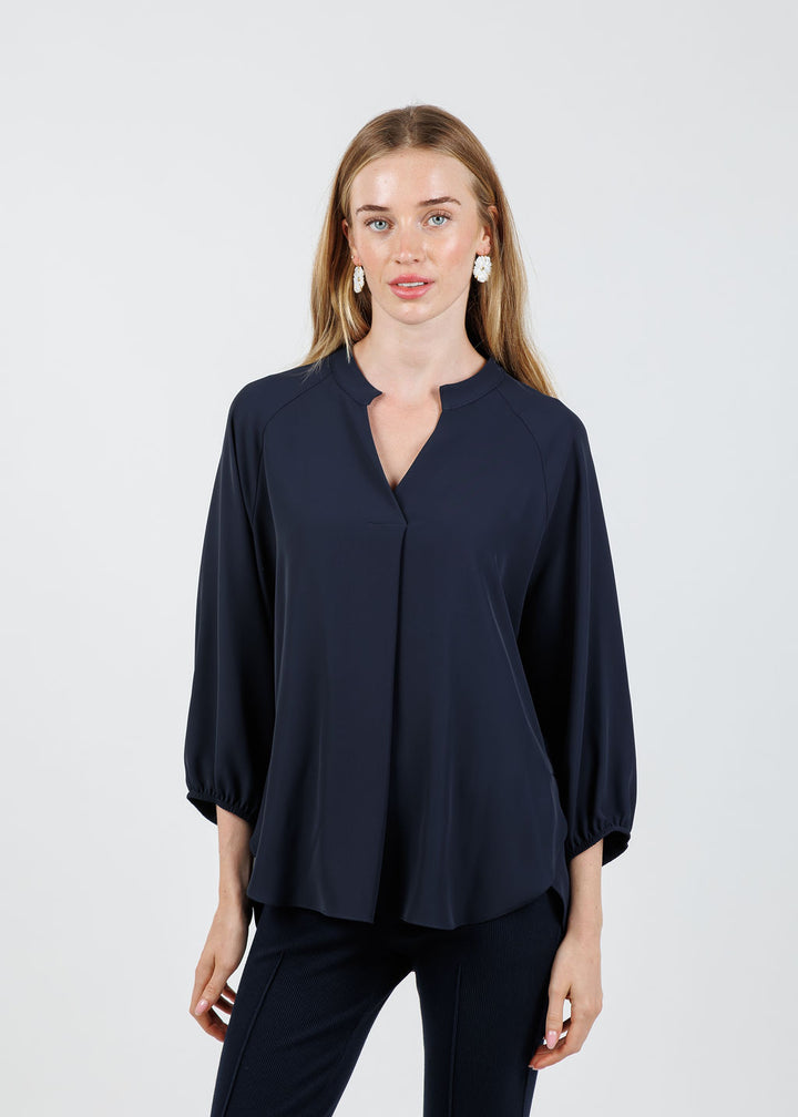 Joseph Ribkoff Woven Twill Boxy Top With Mandarin Collar in Midnight Blue available at Barbara Katz