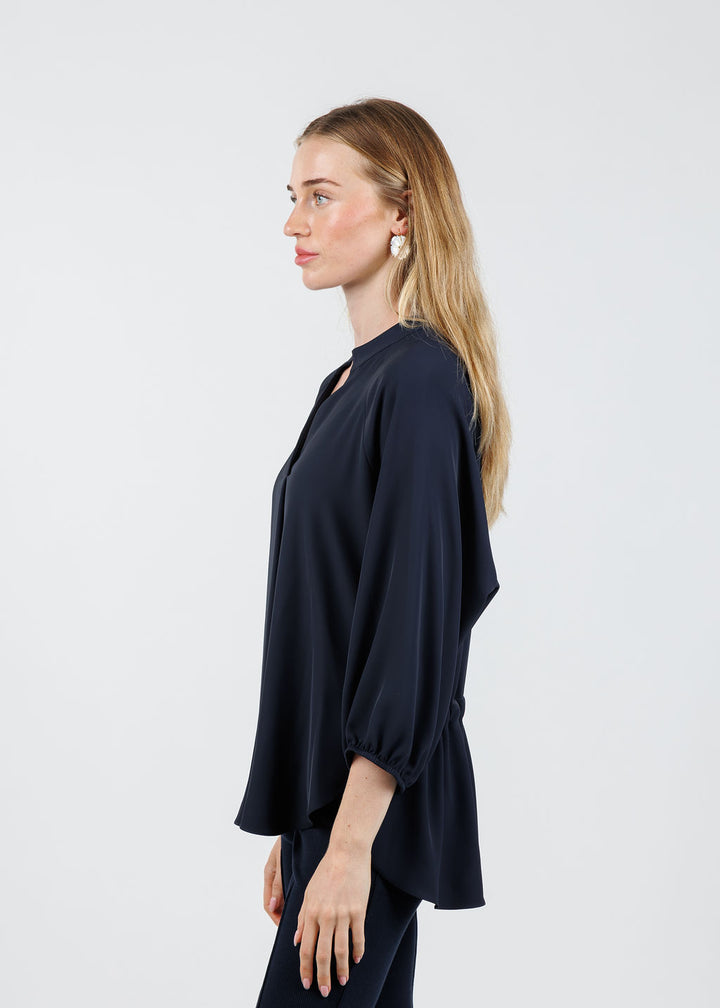 Joseph Ribkoff Woven Twill Boxy Top With Mandarin Collar in Midnight Blue available at Barbara Katz