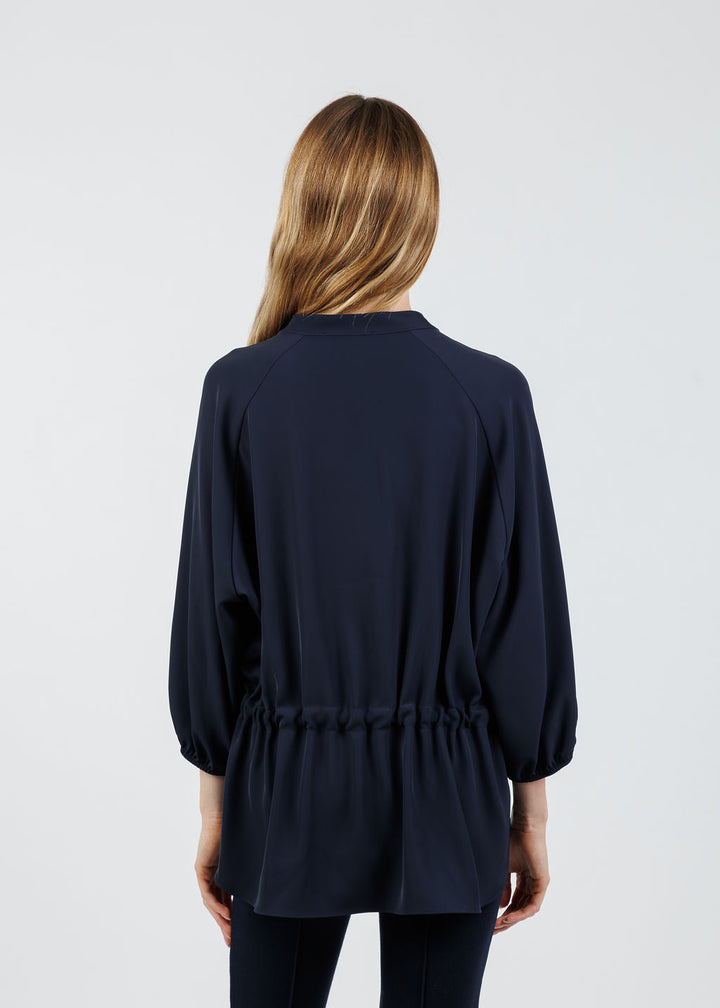 Joseph Ribkoff Woven Twill Boxy Top With Mandarin Collar in Midnight Blue available at Barbara Katz
