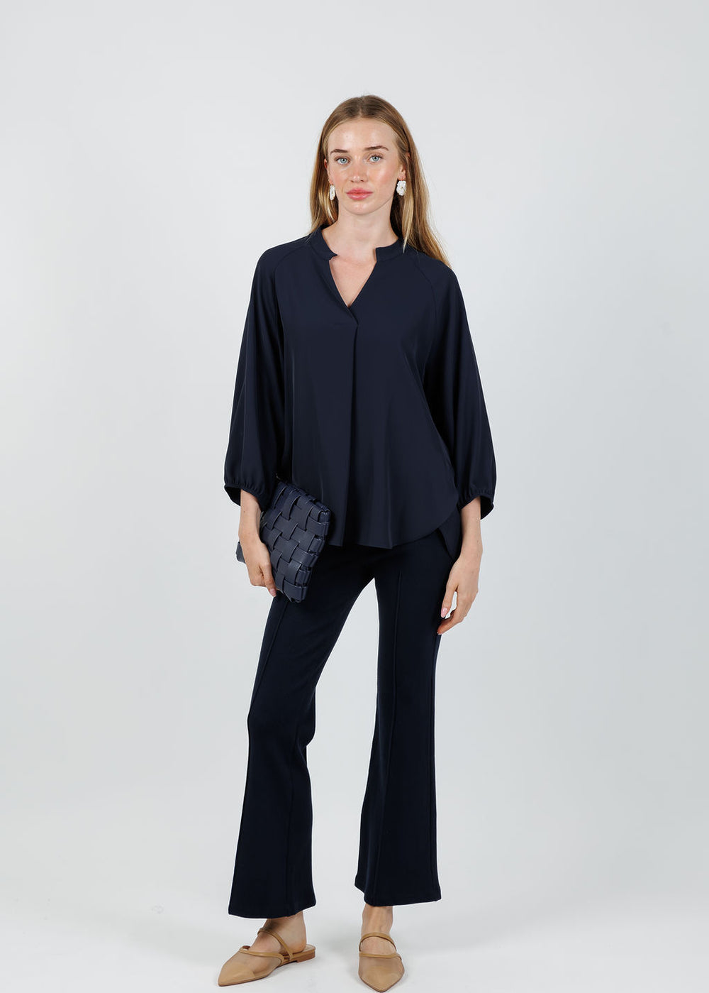 Joseph Ribkoff Woven Twill Boxy Top With Mandarin Collar in Midnight Blue available at Barbara Katz