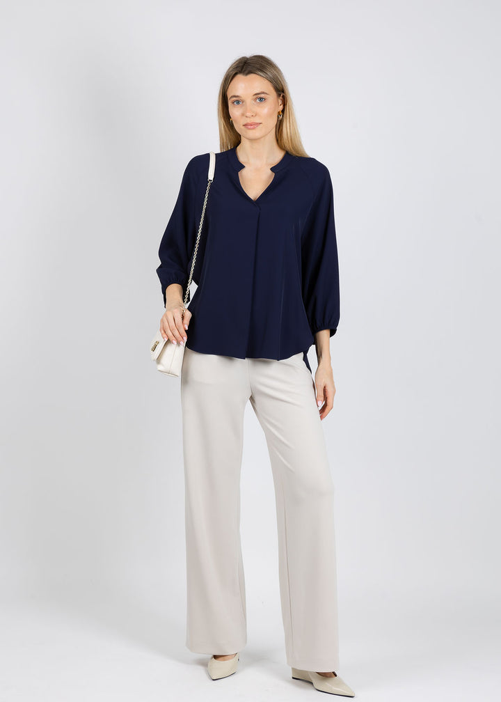 Joseph Ribkoff Woven Twill Boxy Top With Mandarin Collar in Midnight Blue available at Barbara Katz