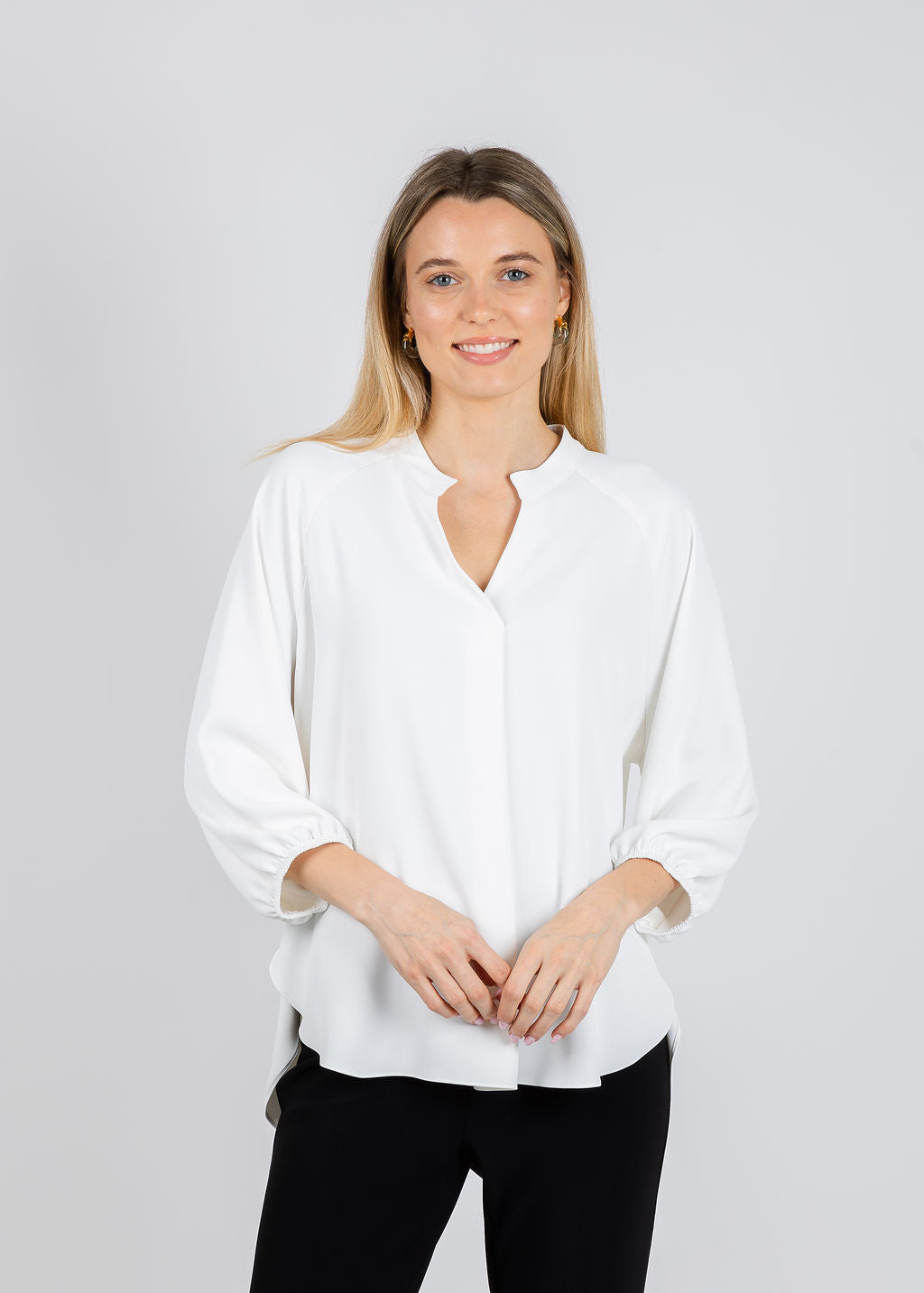 Joseph Ribkoff Woven Twill Boxy Top With Mandarin Collar in Off White available at Barbara Katz