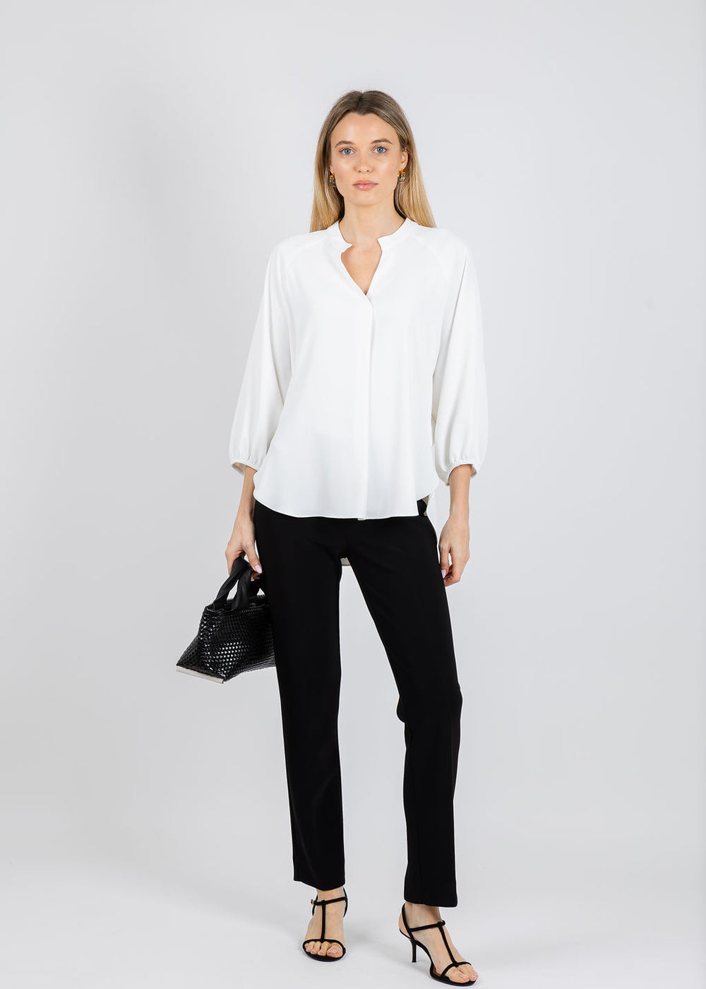 Joseph Ribkoff Woven Twill Boxy Top With Mandarin Collar in Off White available at Barbara Katz