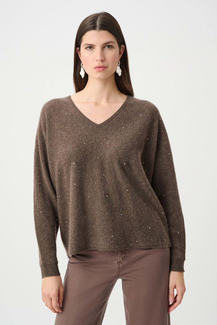 Joseph Ribkoff Cashmere Boxy Sweater With Rhinestone in Dark Taupe available at Barbara Katz