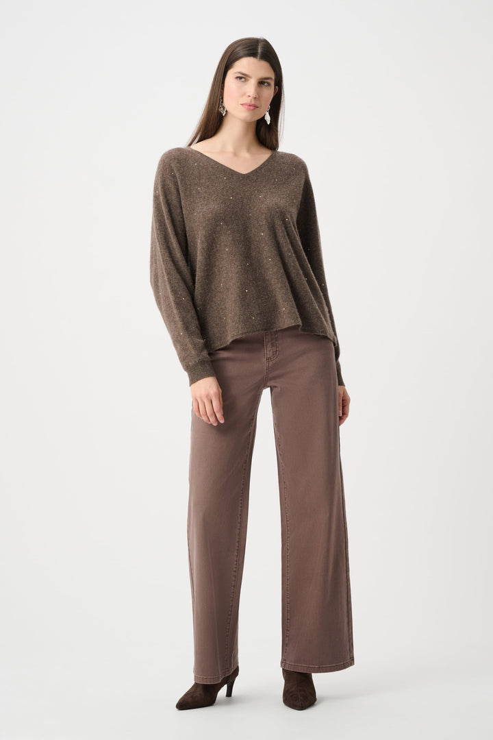 Joseph Ribkoff Cashmere Boxy Sweater With Rhinestone in Dark Taupe available at Barbara Katz