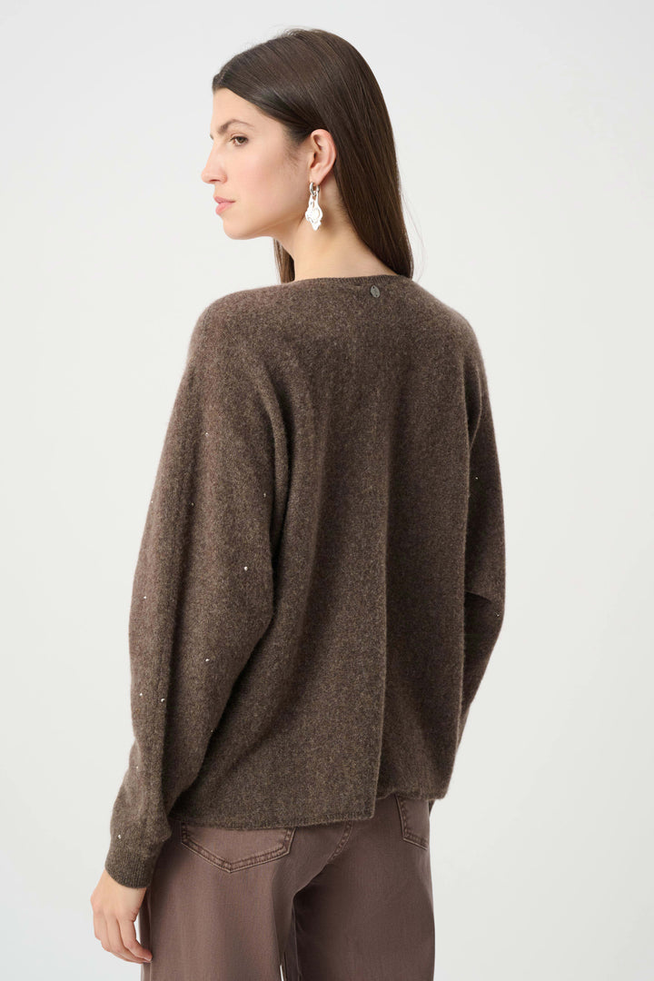 Joseph Ribkoff Cashmere Boxy Sweater With Rhinestone in Dark Taupe available at Barbara Katz