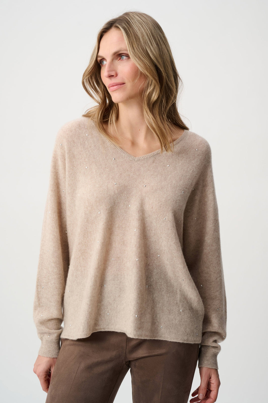 Joseph Ribkoff Cashmere Boxy Sweater With Rhinestone in Oatmeal available at Barbara Katz