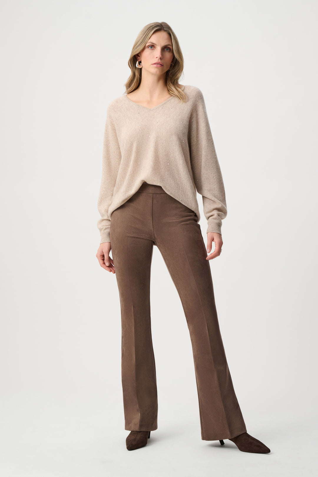 Joseph Ribkoff Cashmere Boxy Sweater With Rhinestone in Oatmeal available at Barbara Katz