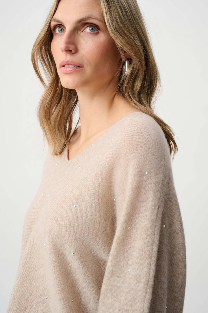Joseph Ribkoff Cashmere Boxy Sweater With Rhinestone in Oatmeal available at Barbara Katz