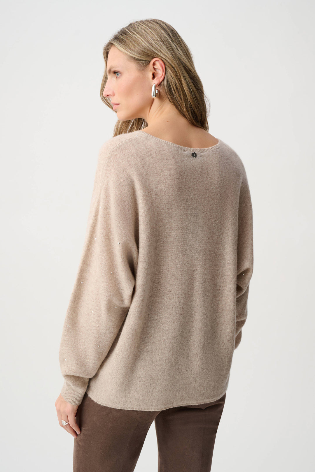 Joseph Ribkoff Cashmere Boxy Sweater With Rhinestone in Oatmeal available at Barbara Katz