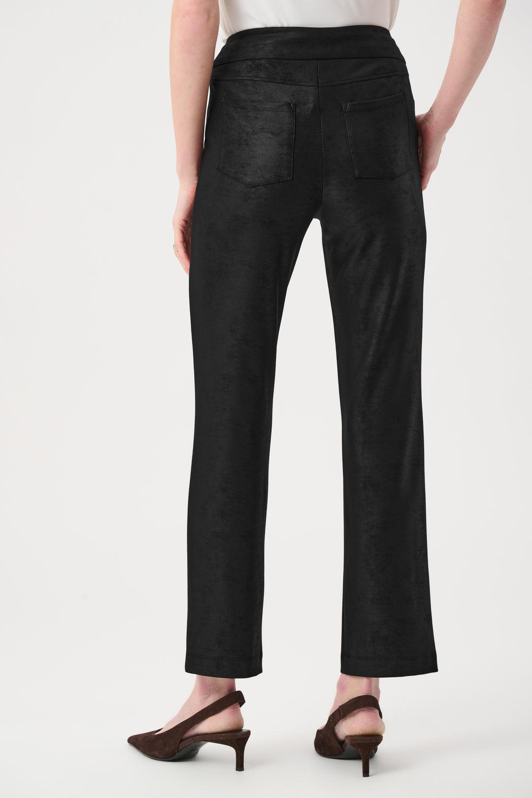 Joseph Ribkoff Foiled Silky Knit Straight Pull-On Pants in Black available at Barbara Katz