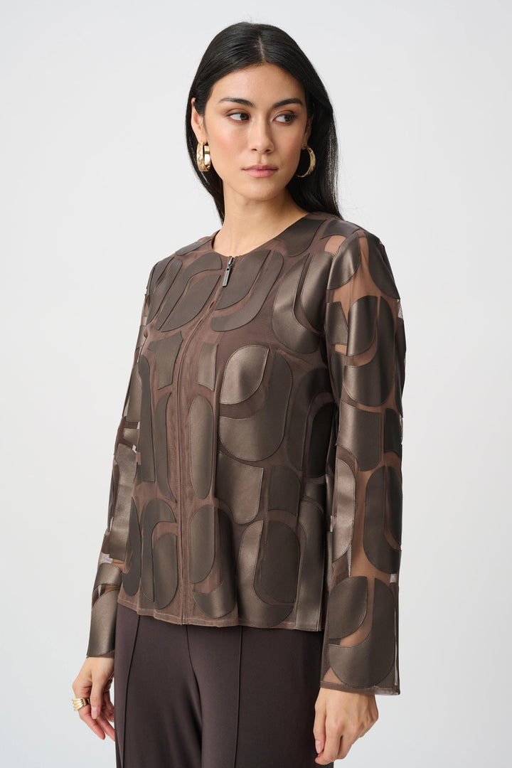 Joseph Ribkoff Leatherette &amp; Mesh Embroidered Jacket in Bronze available at Barbara Katz