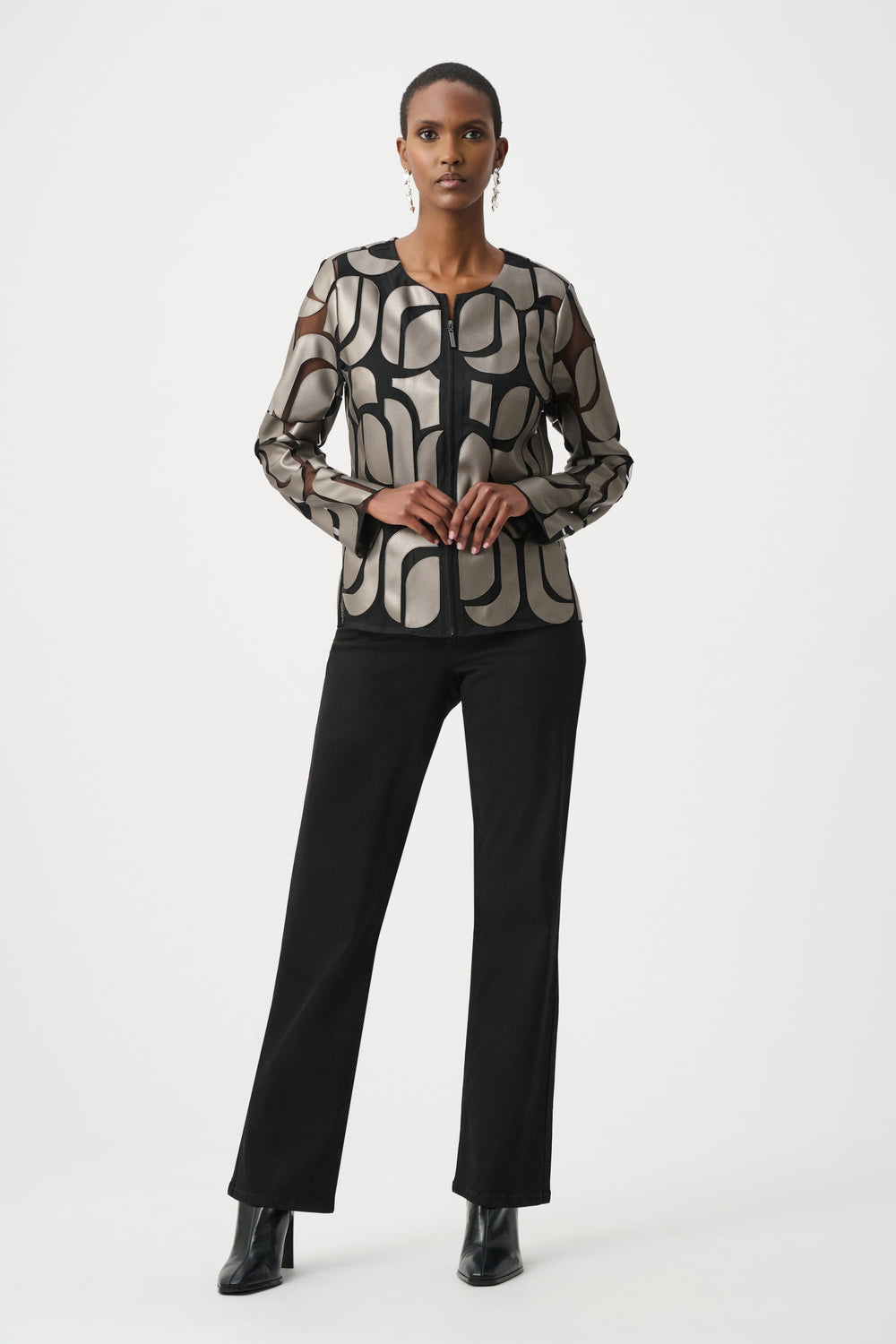 Joseph Ribkoff Leatherette & Mesh Embroidered Jacket in Gunmetal available at Barbara Katz
