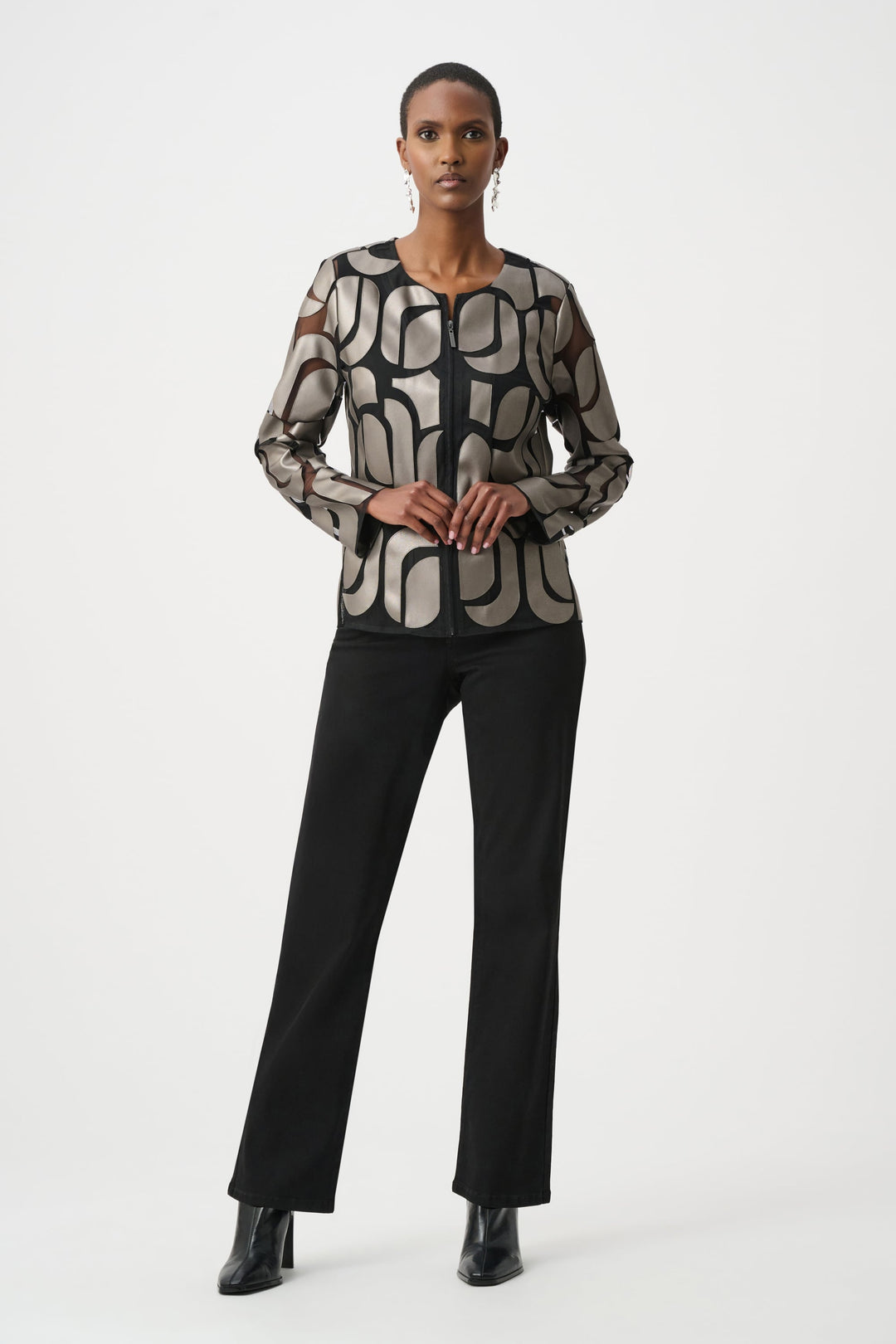 Joseph Ribkoff Leatherette & Mesh Embroidered Jacket in Gunmetal available at Barbara Katz