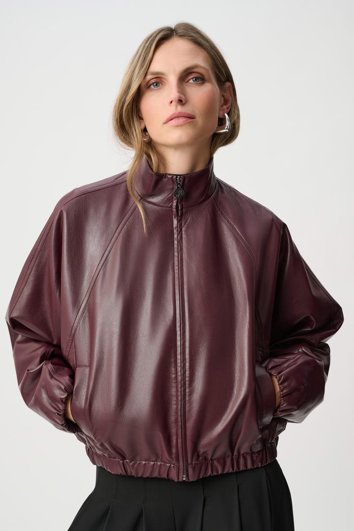 Joseph Ribkoff Leatherette Mock-Neck Bomber Jacket in Burgundy available at Barbara Katz