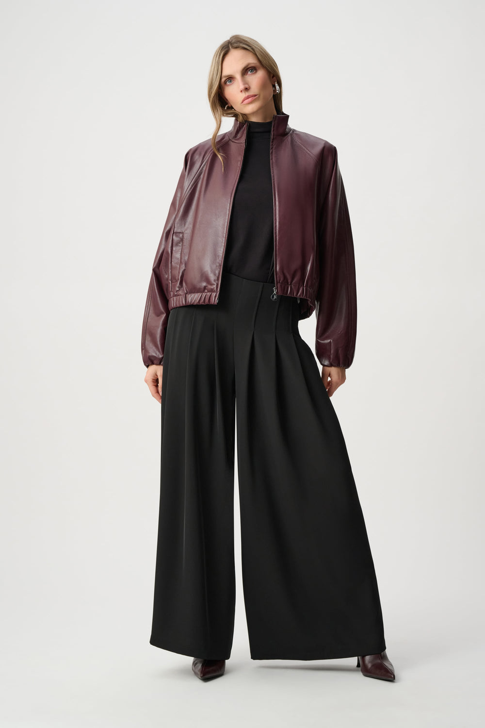 Joseph Ribkoff Leatherette Mock-Neck Bomber Jacket in Burgundy available at Barbara Katz