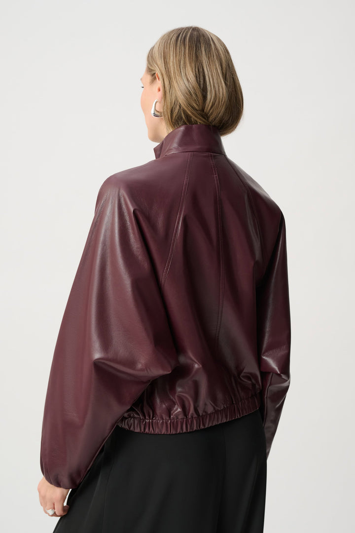 Joseph Ribkoff Leatherette Mock-Neck Bomber Jacket in Burgundy available at Barbara Katz
