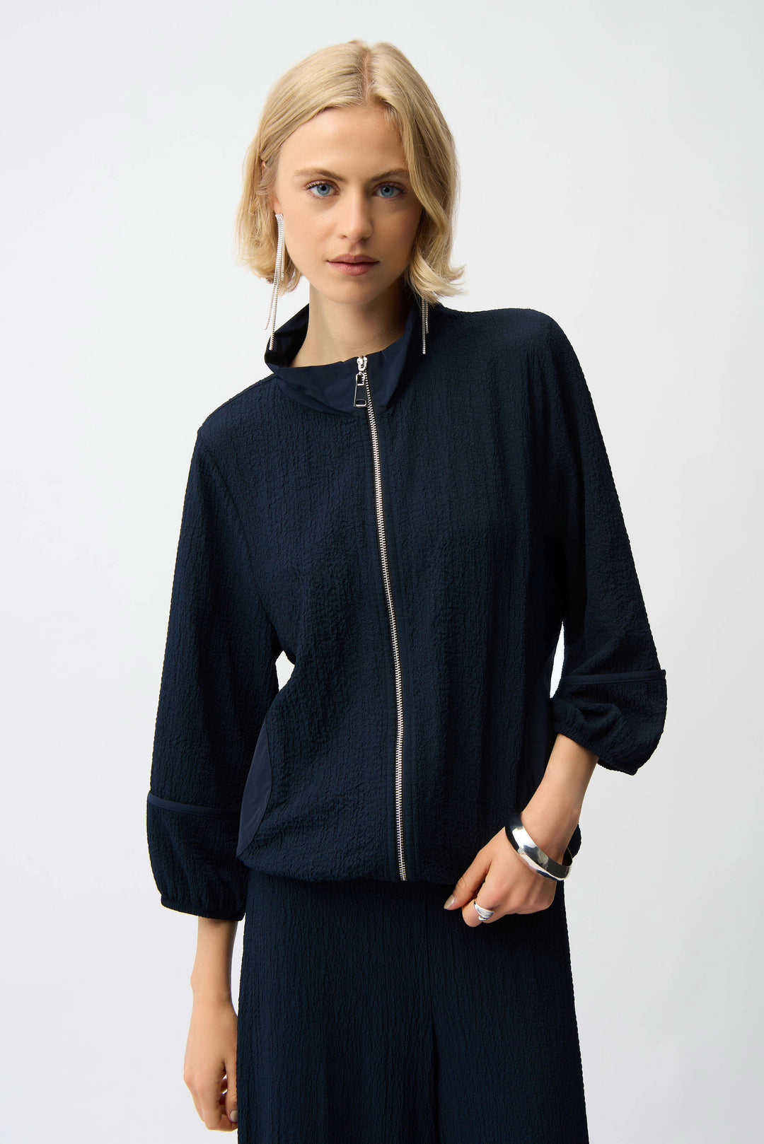 Joseph Ribkoff Seersucker & Memory Bomber Jacket in Midnight Blue available at Barbara Katz